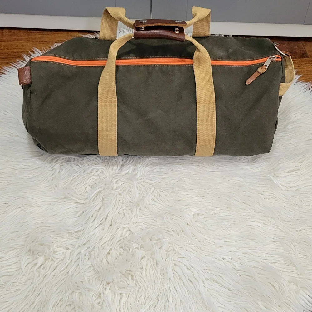 WORK HARD PLAY Olive Green Duffel Bag with Tan Straps